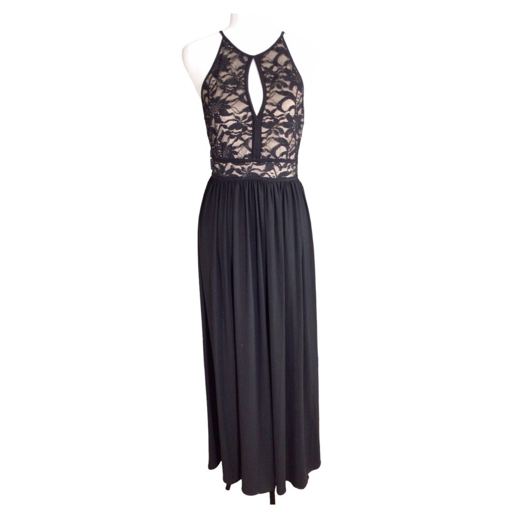 NW Night Way Collections Long Dress Black Gown with Lace Overlay EUC size 6P